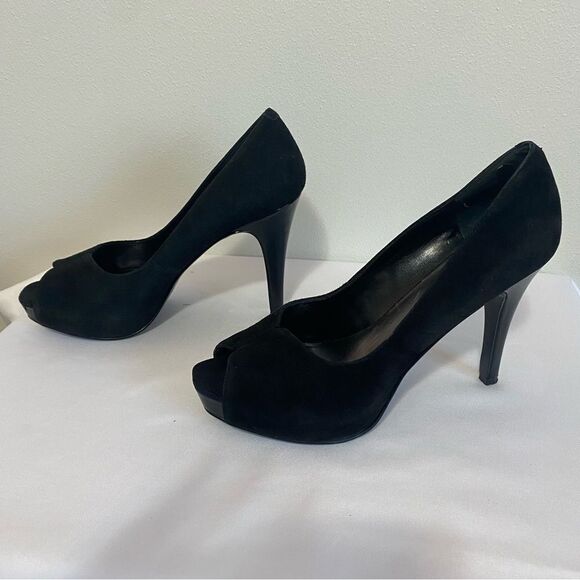 NINE WEST Bonfired Black Suede Peep toe Heels - Picture 3 of 12